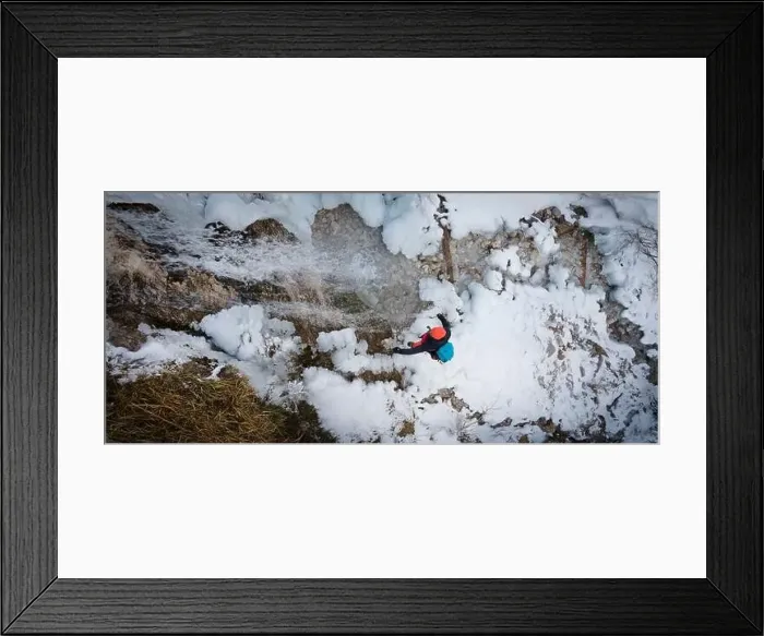 Framed Print : aerial drone shot of hiker with backpack Framed Print : aerial drone shot of hiker with backpack