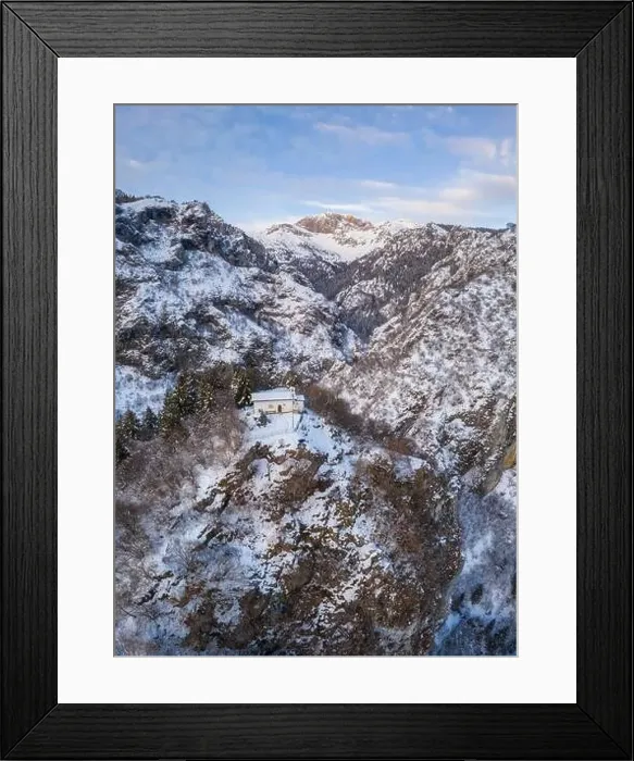 Framed Print : Aerial view of San Peder church and the Presolana in winter Framed Print : Aerial view of San Peder church and the Presolana in winter