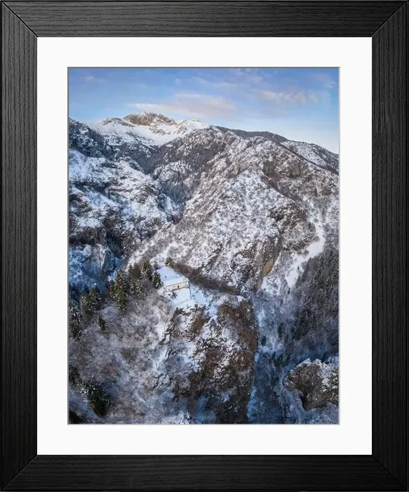 Framed Print : Aerial view of San Peder church and the Presolana in winter Framed Print : Aerial view of San Peder church and the Presolana in winter