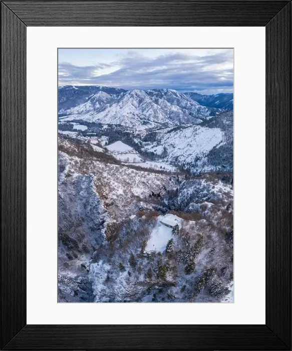Framed Print : Aerial view of San Peder church in winter Framed Print : Aerial view of San Peder church in winter