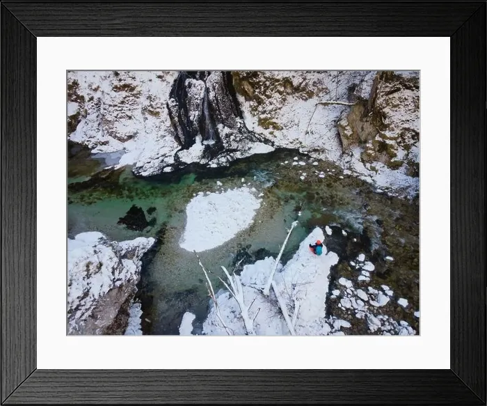 Framed Print : Aerial drone shot of snowy and icy winter landscape in the oetschergraeben Framed Print : Aerial drone shot of snowy and icy winter landscape in the oetschergraeben