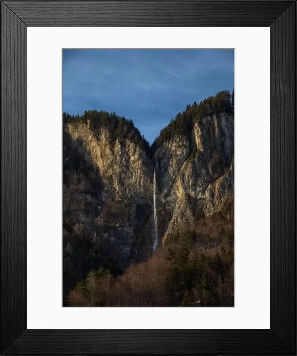 Framed Print : High waterfall within alpine scenery in Switzerland Framed Print : High waterfall within alpine scenery in Switzerland