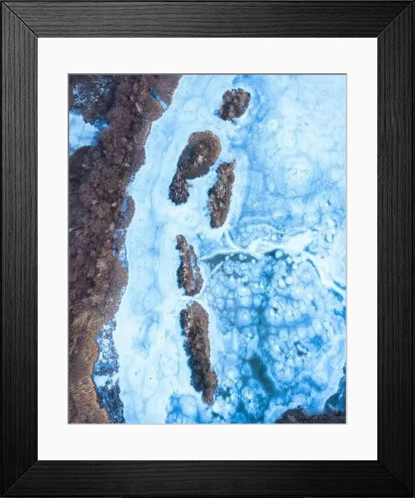 Framed Print : Aerial drone fly air shot, view on ice lake frozen winter top down road moody mood grey blue Framed Print : Aerial drone fly air shot, view on ice lake frozen winter top down road moody mood grey blue