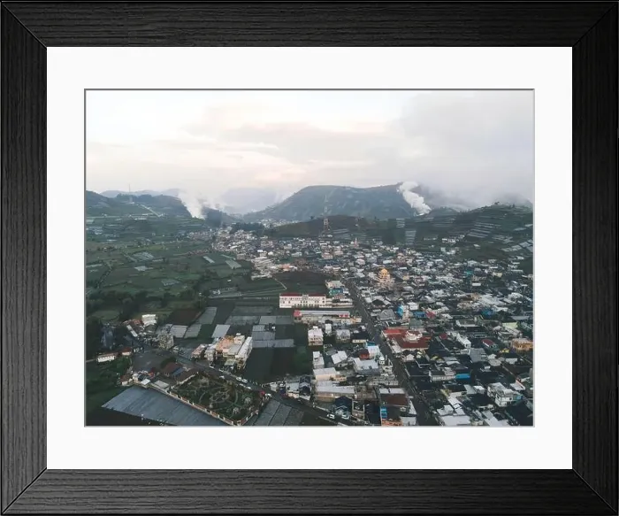 Framed Print : Aerial view of Dieng village at Wonosobo with mountain around it Framed Print : Aerial view of Dieng village at Wonosobo with mountain around it