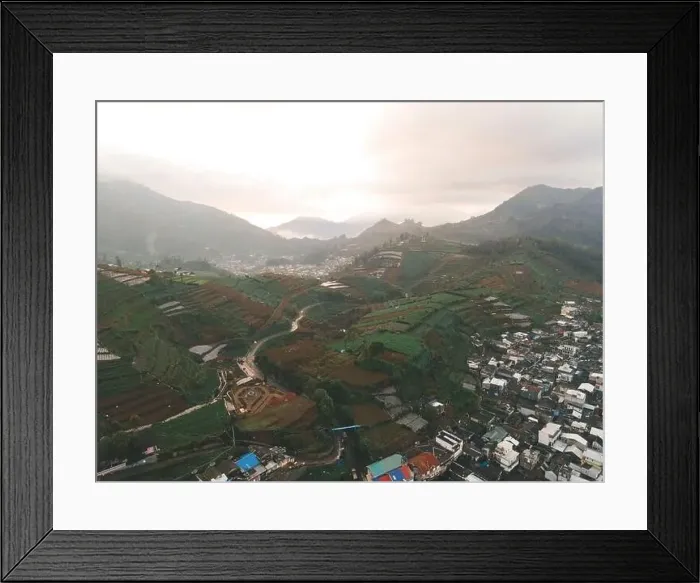 Framed Print : Aerial view of Dieng village at Wonosobo with mountain around it Framed Print : Aerial view of Dieng village at Wonosobo with mountain around it