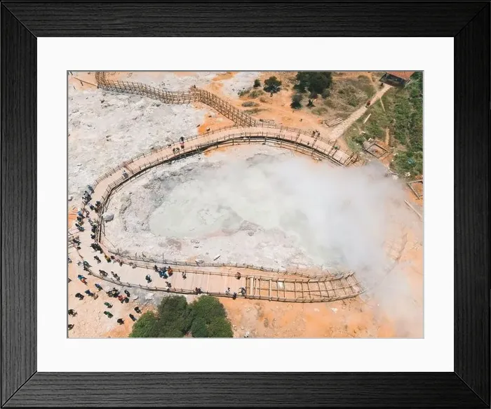 Framed Print : Aerial view of Sikidang crater with the background of sulfur vapor coming out of the sulfur marsh Framed Print : Aerial view of Sikidang crater with the background of sulfur vapor coming out of the sulfur marsh