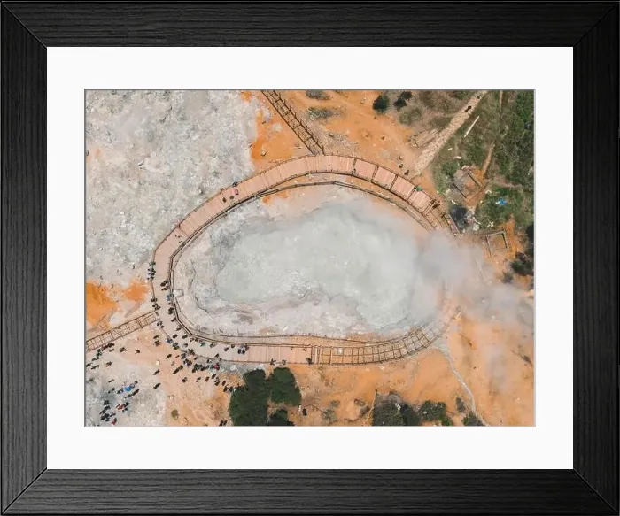 Framed Print : Aerial view of Sikidang crater with the background of sulfur vapor coming out of the sulfur marsh Framed Print : Aerial view of Sikidang crater with the background of sulfur vapor coming out of the sulfur marsh