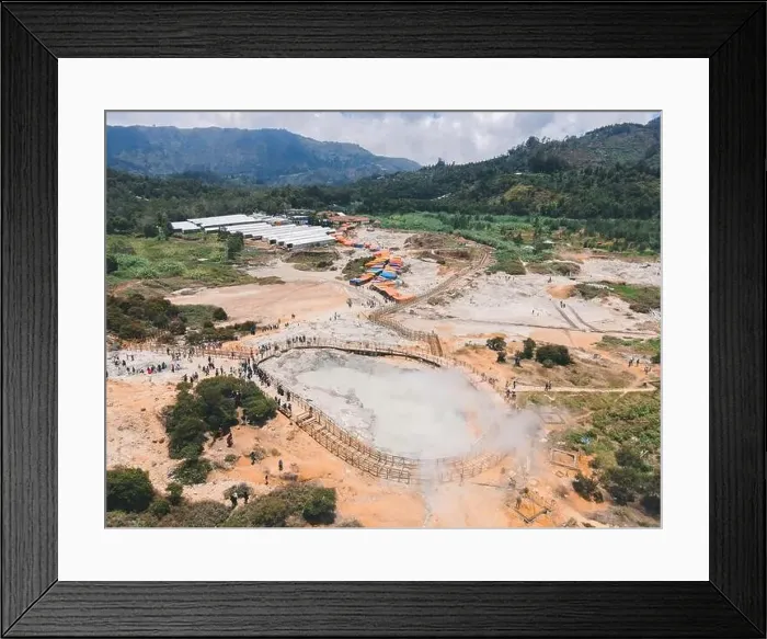 Framed Print : Aerial view of Sikidang crater with the background of sulfur vapor coming out of the sulfur marsh Framed Print : Aerial view of Sikidang crater with the background of sulfur vapor coming out of the sulfur marsh