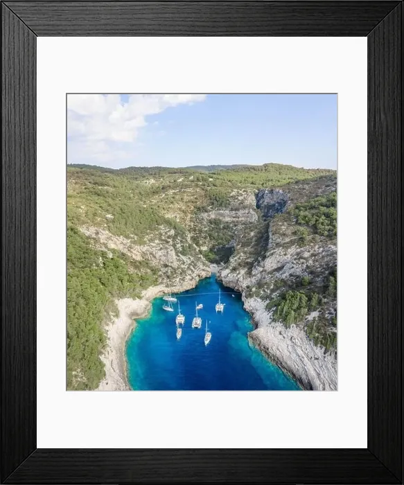 Framed Print : Aerial drone shot of iconic Stiniva cove beach of Adriatic sea on Vis Island in Croatia summer Framed Print : Aerial drone shot of iconic Stiniva cove beach of Adriatic sea on Vis Island in Croatia summer