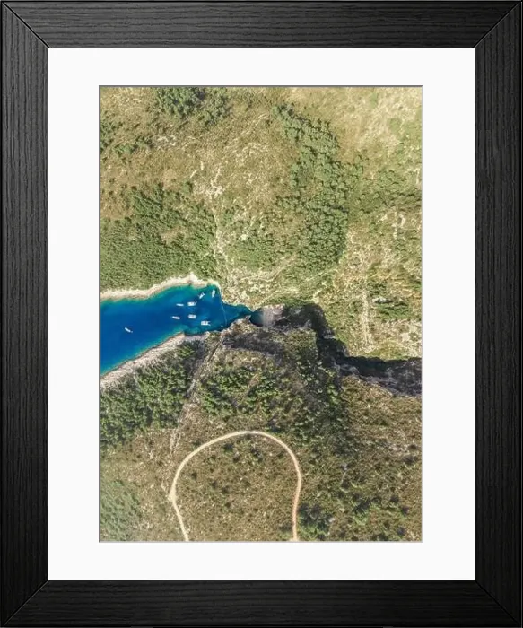 Framed Print : Aerial overhead drone shot of Stiniva covert cove beach in Adriatic sea on Vis Island in Croatia in summer Framed Print : Aerial overhead drone shot of Stiniva covert cove beach in Adriatic sea on Vis Island in Croatia in summer