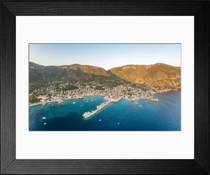 Framed Print : Aerial overhead done shot of Komiza town port on Vis Island in Croatia sunset hour Framed Print : Aerial overhead done shot of Komiza town port on Vis Island in Croatia sunset hour