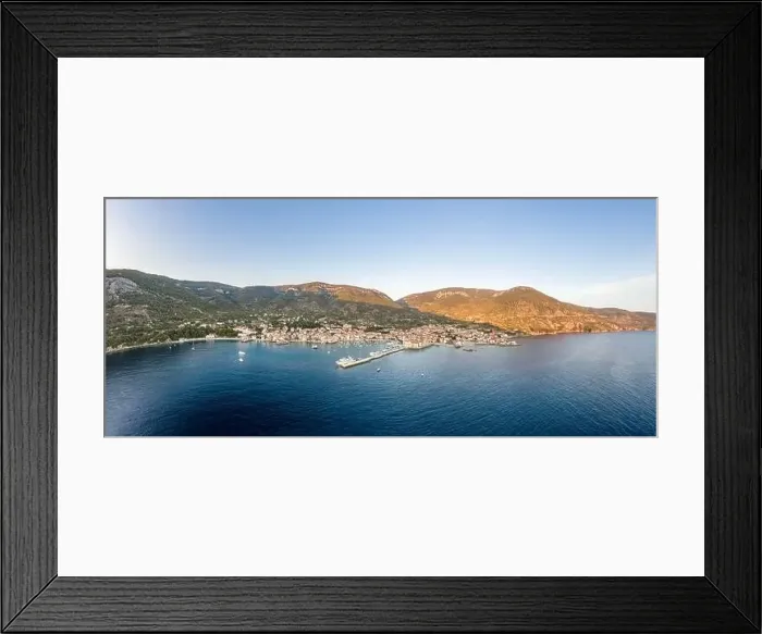 Framed Print : Aerial panoramic view of Komiza village coastline on Vis Island in Croatia sunset hour Framed Print : Aerial panoramic view of Komiza village coastline on Vis Island in Croatia sunset hour