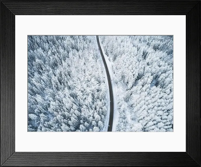 Framed Print : Beautiful winter forest and road. Aerial view Framed Print : Beautiful winter forest and road. Aerial view