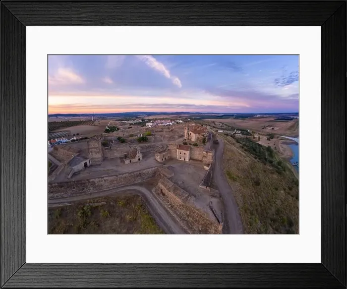 Framed Print : Juromenha castle, village and Guadiana river drone aerial view at sunset in Alentejo, Portugal Framed Print : Juromenha castle, village and Guadiana river drone aerial view at sunset in Alentejo, Portugal