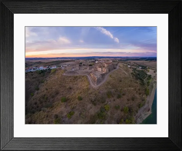 Framed Print : Juromenha castle, village and Guadiana river drone aerial view at sunset in Alentejo, Portugal Framed Print : Juromenha castle, village and Guadiana river drone aerial view at sunset in Alentejo, Portugal