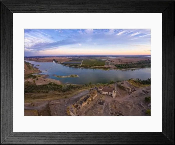 Framed Print : Juromenha castle, village and Guadiana river drone aerial view at sunset in Alentejo Framed Print : Juromenha castle, village and Guadiana river drone aerial view at sunset in Alentejo