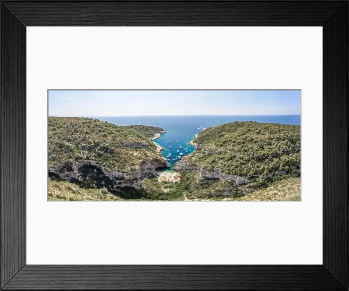 Framed Print : Aerial panoramic view of sheltered Stiniva cove beach of Adriatic sea on Vis Island in Croatia summer Framed Print : Aerial panoramic view of sheltered Stiniva cove beach of Adriatic sea on Vis Island in Croatia summer