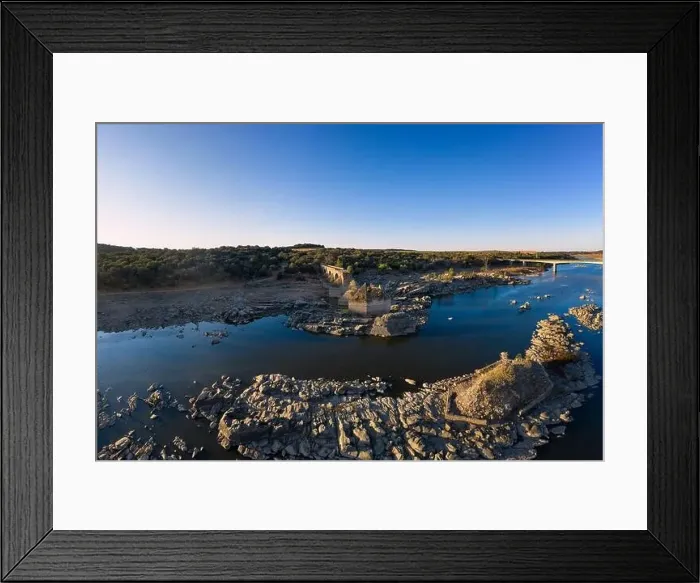 Framed Print : Destroyed abandoned Ajuda bridge drone aerial view, crossing the Guadiana river between Spain and Portugal Framed Print : Destroyed abandoned Ajuda bridge drone aerial view, crossing the Guadiana river between Spain and Portugal