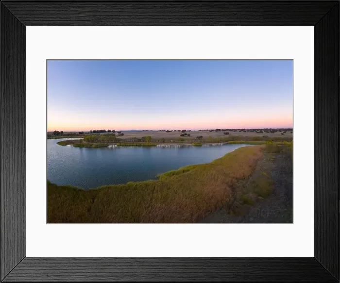 Framed Print : Lake drone aerial view at sunset in Alentejo, Portugal