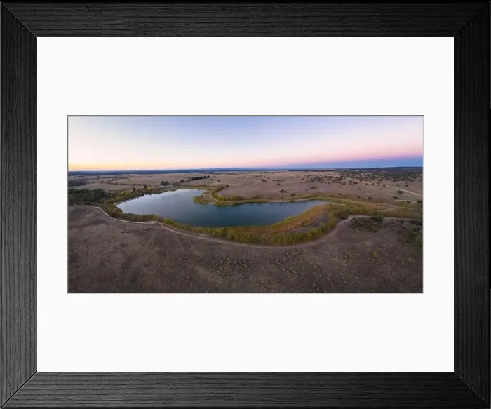 Framed Print : Lake drone aerial view at sunset in Alentejo, Portugal Framed Print : Lake drone aerial view at sunset in Alentejo, Portugal