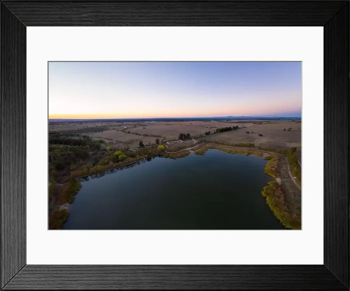 Framed Print : Lake drone aerial view at sunset in Alentejo, Portugal Framed Print : Lake drone aerial view at sunset in Alentejo, Portugal