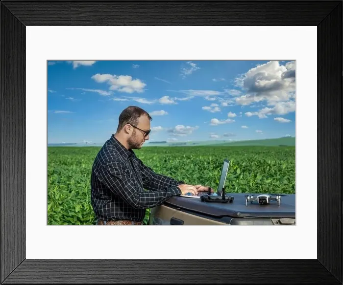 Framed Print : Farmer standing in soybean field looking at notebook and drone Framed Print : Farmer standing in soybean field looking at notebook and drone