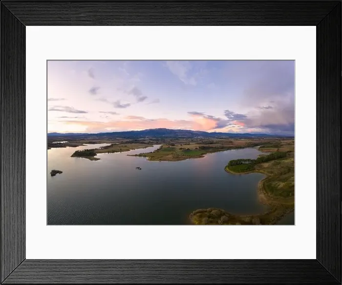 Framed Print : Lake drone aerial view of mountain panorama landscape at sunset in Marateca Dam in Castelo Branco, Portugal Framed Print : Lake drone aerial view of mountain panorama landscape at sunset in Marateca Dam in Castelo Branco, Portugal