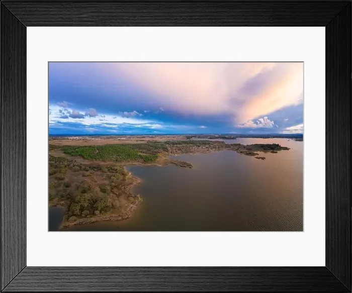 Framed Print : Lake drone aerial view of mountain panorama landscape at sunset in Marateca Dam in Castelo Branco, Portugal Framed Print : Lake drone aerial view of mountain panorama landscape at sunset in Marateca Dam in Castelo Branco, Portugal