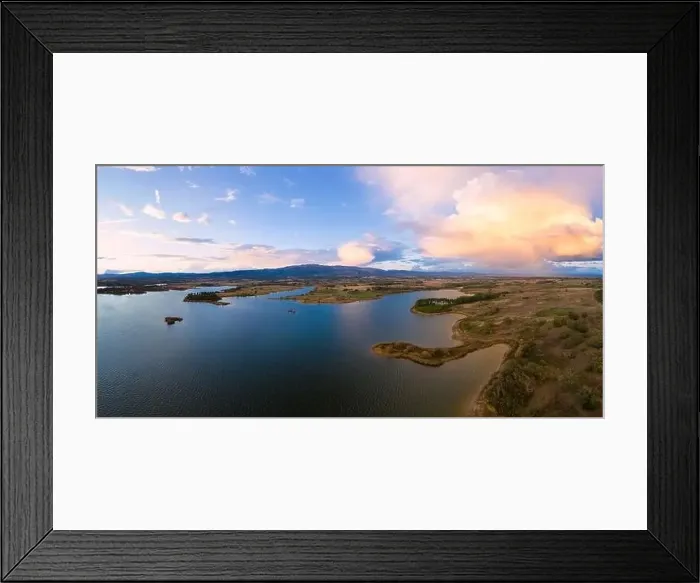 Framed Print : Lake drone aerial view of mountain panorama landscape at sunset in Marateca Dam in Castelo Branco, Portugal Framed Print : Lake drone aerial view of mountain panorama landscape at sunset in Marateca Dam in Castelo Branco, Portugal