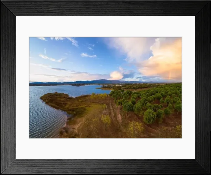 Framed Print : Lake drone aerial view of mountain panorama landscape at sunset in Marateca Dam in Castelo Branco, Portugal Framed Print : Lake drone aerial view of mountain panorama landscape at sunset in Marateca Dam in Castelo Branco, Portugal