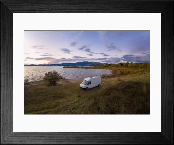 Framed Print : Lake drone aerial view of a camper van with solar panel living van life mountain panorama landscape at sunset in Framed Print : Lake drone aerial view of a camper van with solar panel living van life mountain panorama landscape at sunset in