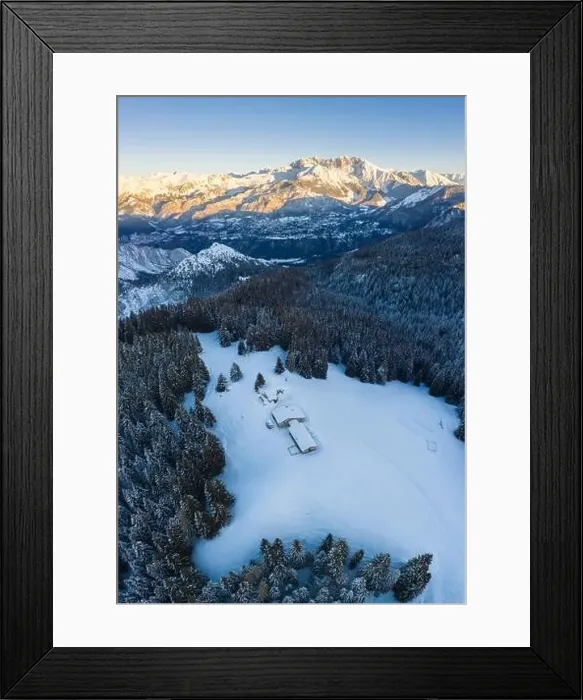Framed Print : Aerial view of the Valmezzana hut and Presolana massif during a winter sunrise from Monte Pora Framed Print : Aerial view of the Valmezzana hut and Presolana massif during a winter sunrise from Monte Pora