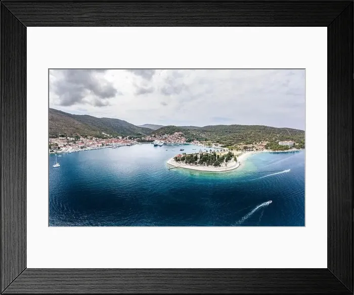 Framed Print : Aerial drone shot of St. Jeronima church on Vis Island coastline by adriatic sea in summer