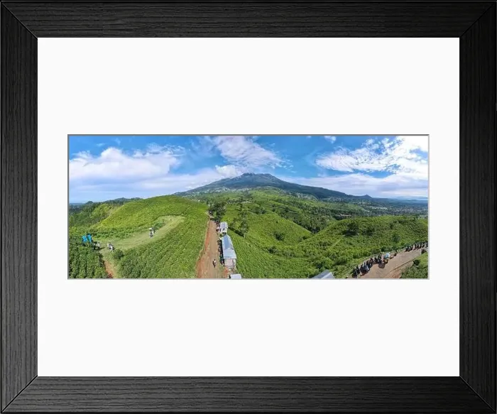 Framed Print : Aerial view of tea plantation in Kemuning, Indonesia with Lawu mountain background Framed Print : Aerial view of tea plantation in Kemuning, Indonesia with Lawu mountain background