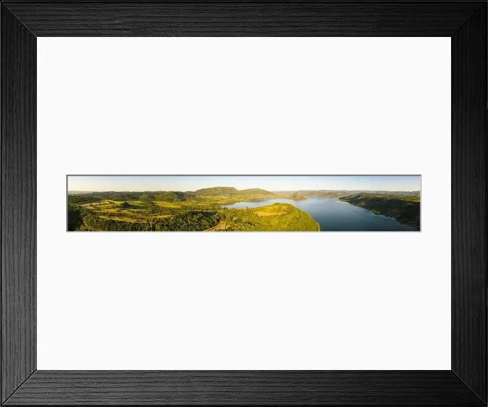 Framed Print : Aerial panorama of Lac du Salagou in the early morning in summer in Hérault in Occitanie, France Framed Print : Aerial panorama of Lac du Salagou in the early morning in summer in Hérault in Occitanie, France