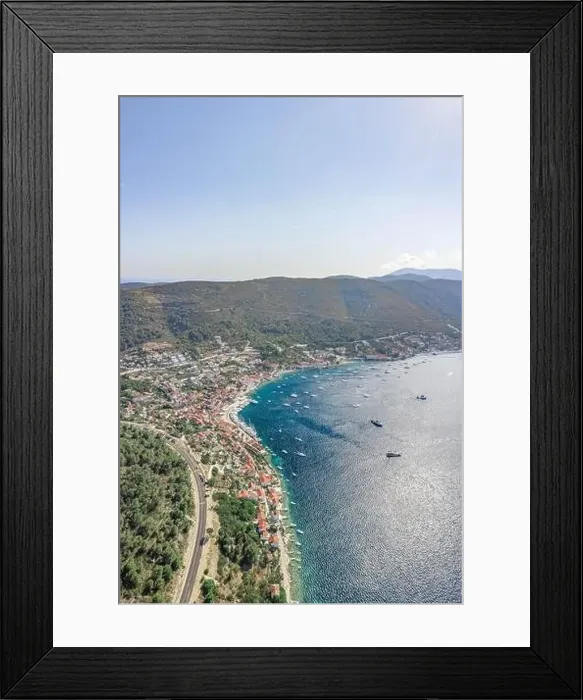 Framed Print : Aerial drone shot of town port Adriatic coastline on Vis Island in Croatia summer Framed Print : Aerial drone shot of town port Adriatic coastline on Vis Island in Croatia summer