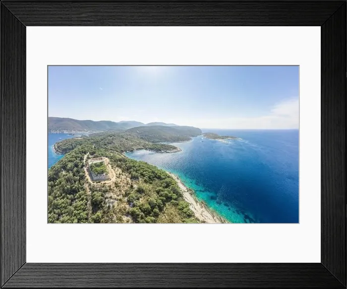 Framed Print : Aerial drone shot of stone Fort George Croatia on top of hill in Adriatic sea on Vis Island in summer Framed Print : Aerial drone shot of stone Fort George Croatia on top of hill in Adriatic sea on Vis Island in summer