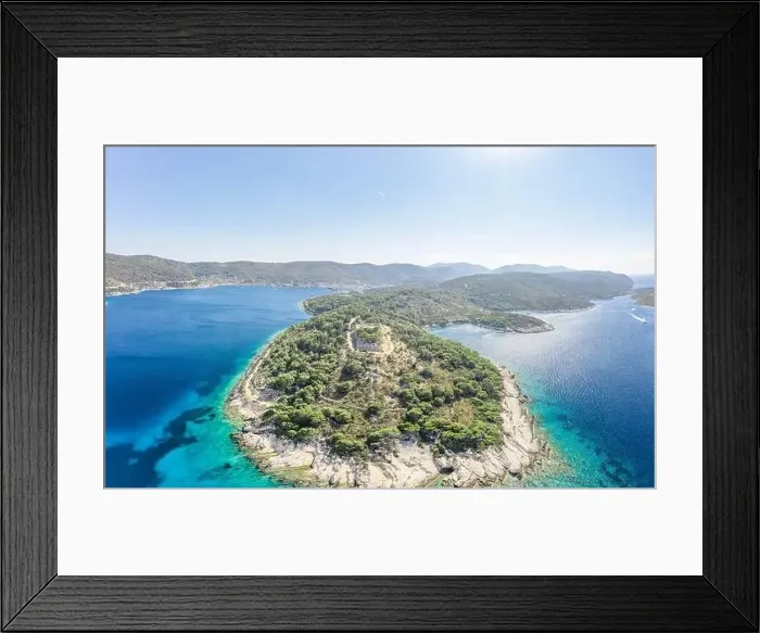 Framed Print : Aerial drone shot of stone Fort George Croatia on top of hill in Adriatic sea on Vis Island in summer Framed Print : Aerial drone shot of stone Fort George Croatia on top of hill in Adriatic sea on Vis Island in summer