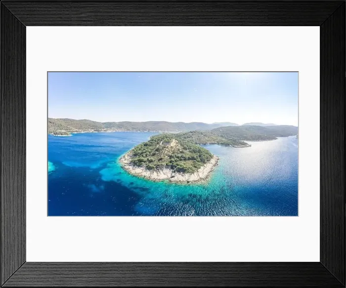 Framed Print : Aerial drone shot of stone Fort George Croatia on top of hill in Adriatic sea on Vis Island in summer Framed Print : Aerial drone shot of stone Fort George Croatia on top of hill in Adriatic sea on Vis Island in summer