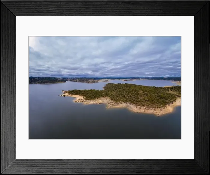 Framed Print : Drone aerial view of Idanha Dam Marechal Carmona landscape with beautiful blue lake water, in Portugal Framed Print : Drone aerial view of Idanha Dam Marechal Carmona landscape with beautiful blue lake water, in Portugal