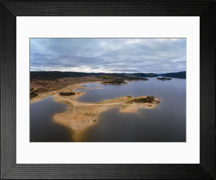Framed Print : Drone aerial view of Idanha Dam Marechal Carmona landscape with beautiful blue lake water, in Portugal Framed Print : Drone aerial view of Idanha Dam Marechal Carmona landscape with beautiful blue lake water, in Portugal