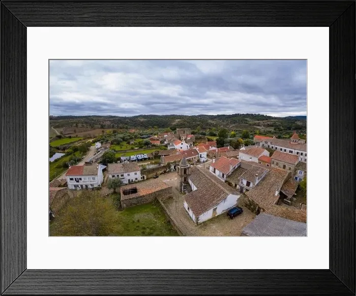 Framed Print : Drone aerial view of Idanha a velha historic village and landscape with Monsanto on the background, in Portugal Framed Print : Drone aerial view of Idanha a velha historic village and landscape with Monsanto on the background, in Portugal