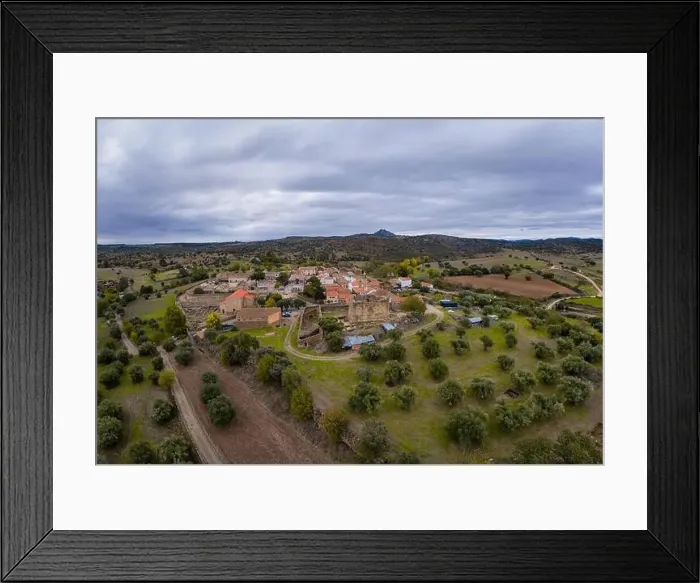 Framed Print : Drone aerial view of Idanha a velha historic village and landscape with Monsanto on the background, in Portugal Framed Print : Drone aerial view of Idanha a velha historic village and landscape with Monsanto on the background, in Portugal