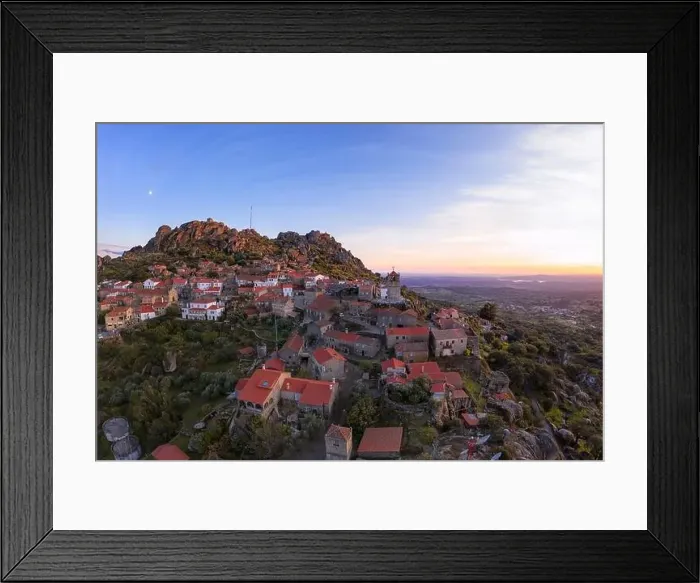 Framed Print : Drone aerial panorama view of Monsanto historic village at sunset, in Portugal Framed Print : Drone aerial panorama view of Monsanto historic village at sunset, in Portugal