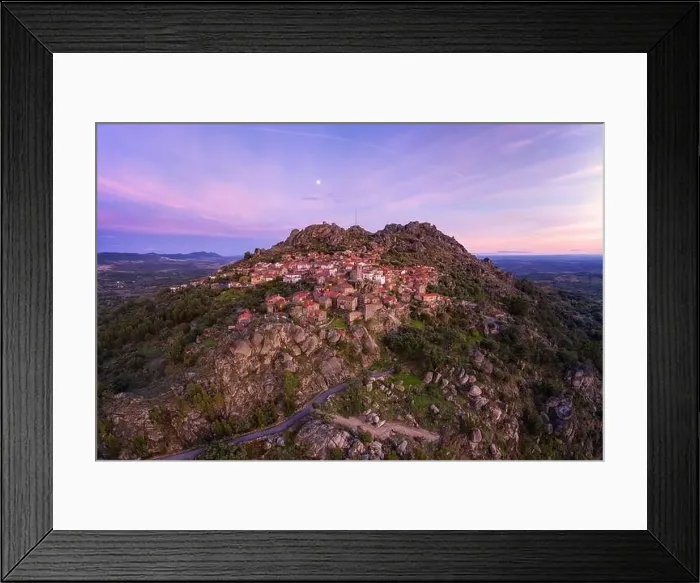 Framed Print : Drone aerial panorama view of Monsanto historic village at sunset, in Portugal