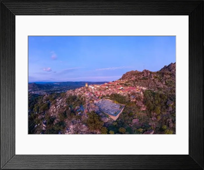 Framed Print : Drone aerial panorama view of Monsanto historic village at sunset, in Portugal