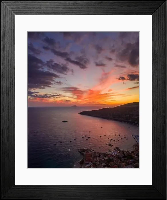 Framed Print : Aerial drone shot of sunset burning sky clouds on Komiza town over Vis Island in Croatia Summer Framed Print : Aerial drone shot of sunset burning sky clouds on Komiza town over Vis Island in Croatia Summer