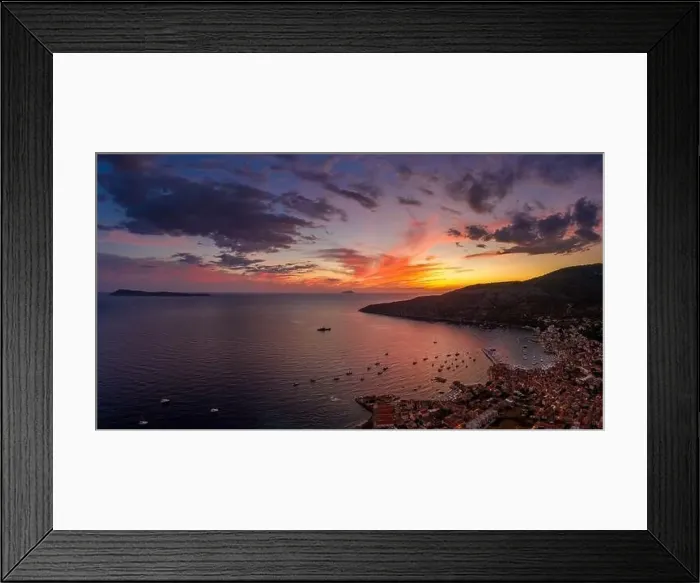 Framed Print : Aerial panorama drone shot of sunset burning sky clouds on Komiza town over Vis Island in Croatia Summer Framed Print : Aerial panorama drone shot of sunset burning sky clouds on Komiza town over Vis Island in Croatia Summer
