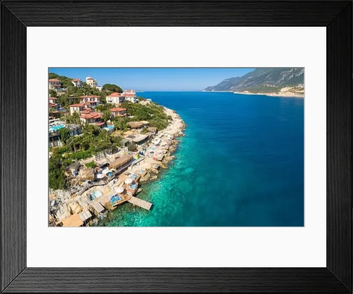 Framed Print : Aerial coastal view of villas, day beds, and swimming platforms on the Kaş peninsula, Kaş, Antalya, Turkey Framed Print : Aerial coastal view of villas, day beds, and swimming platforms on the Kaş peninsula, Kaş, Antalya, Turkey