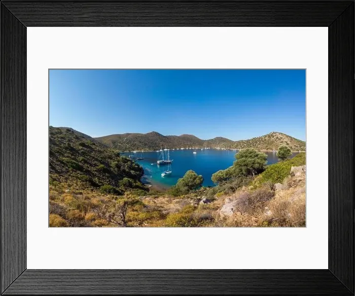 Framed Print : Aerial view of sailing boat anchored in turquoise color wonderful sea bay Framed Print : Aerial view of sailing boat anchored in turquoise color wonderful sea bay